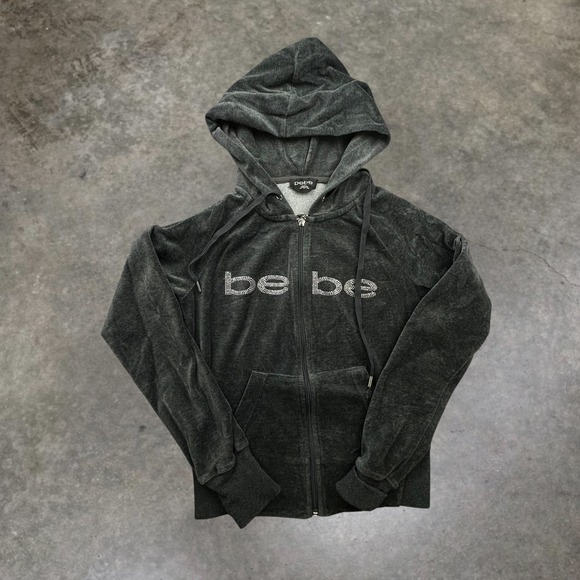 bebe Tops - Bebe Vintage Y2K Velour Rhinestone Logo Zip Up Hoodie Charcoal Grey Small